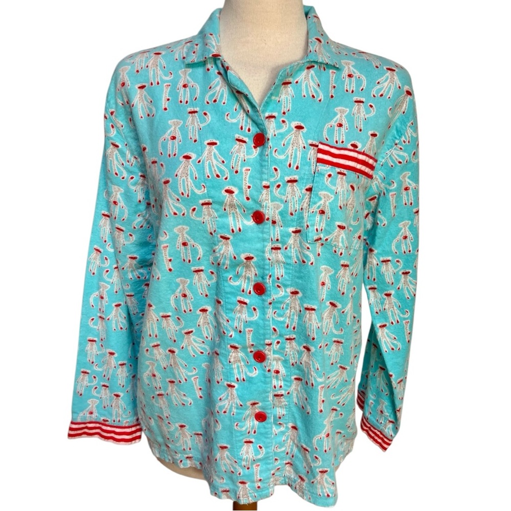 Munki Munki Blue, Red and White Sock Monkey Flannel Pajama Top Women's Medium